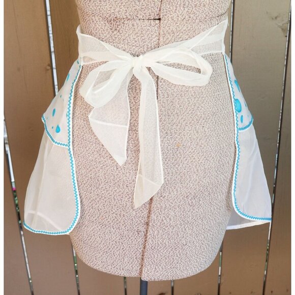 Vintage Apron Christmas Chiffon White With Blue Polka Dots Half Apron 1950s - Picture 4 of 4